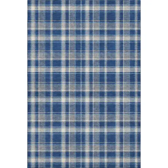 Navy Blue And Ivory Plaid Washable Area Rug With UV Protection Photo 1
