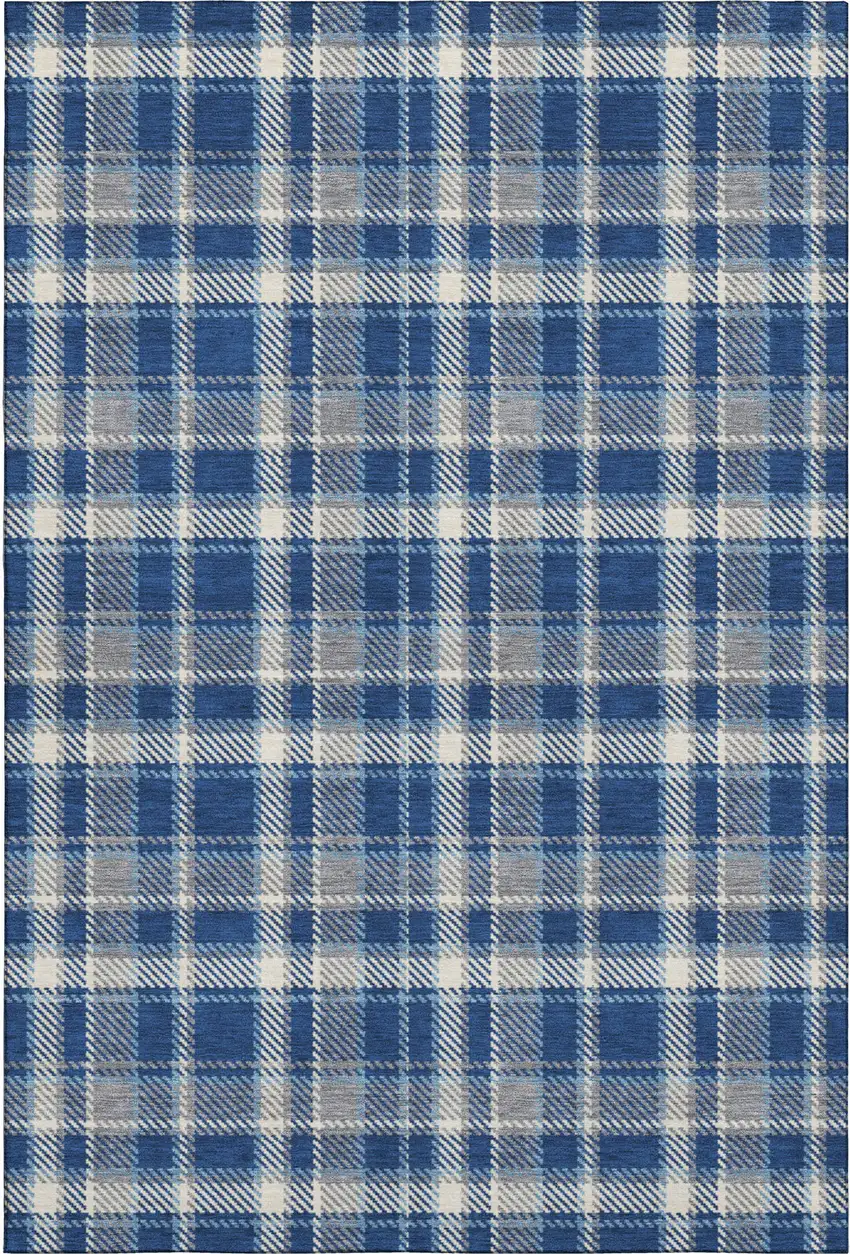 Navy Blue And Ivory Plaid Washable Area Rug With UV Protection Photo 1