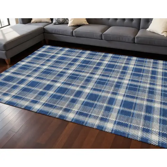 Navy Blue And Ivory Plaid Washable Area Rug With UV Protection Photo 2