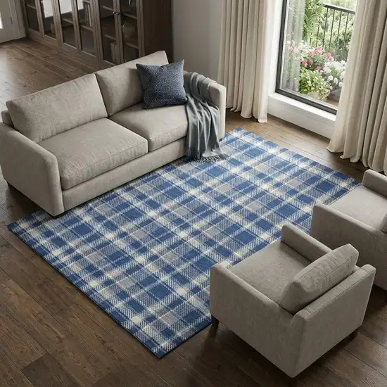 Navy Blue And Ivory Plaid Washable Area Rug With UV Protection Photo 1