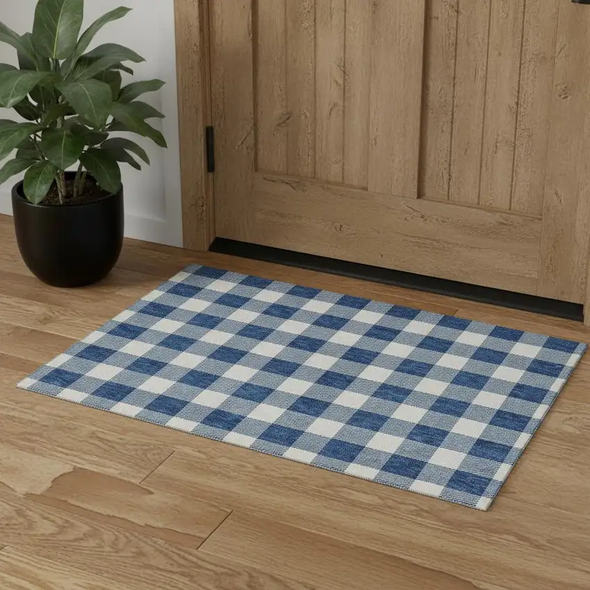 Navy Blue And Ivory Plaid Washable Area Rug With UV Protection Photo 1