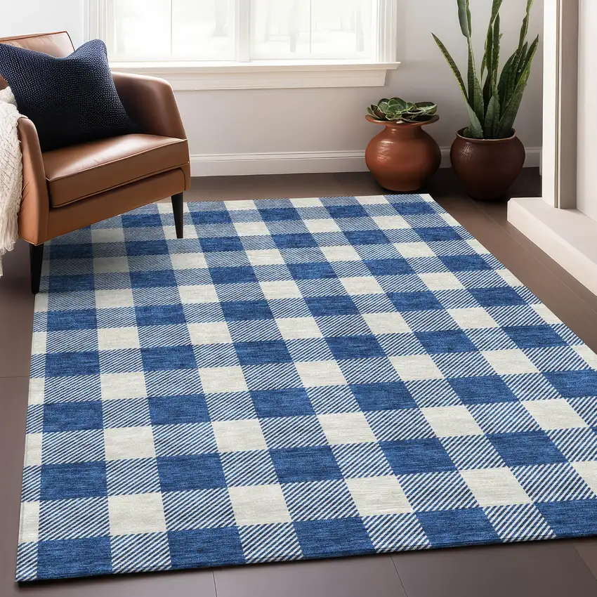 Navy Blue And Ivory Plaid Washable Area Rug With UV Protection Photo 4