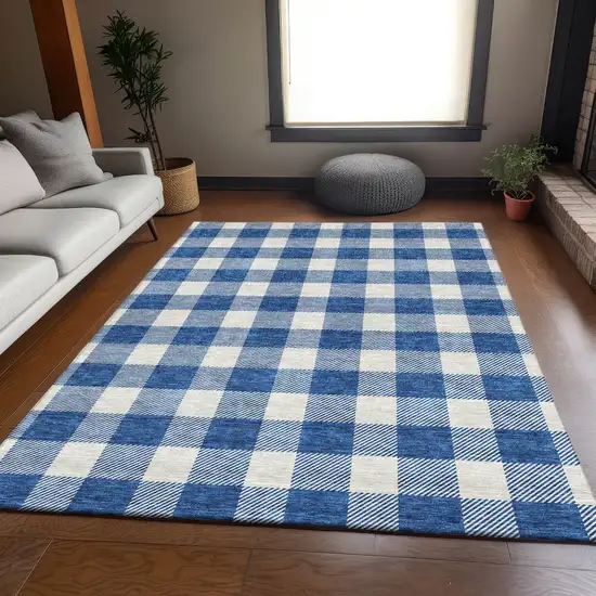 Navy Blue And Ivory Plaid Washable Area Rug With UV Protection Photo 5