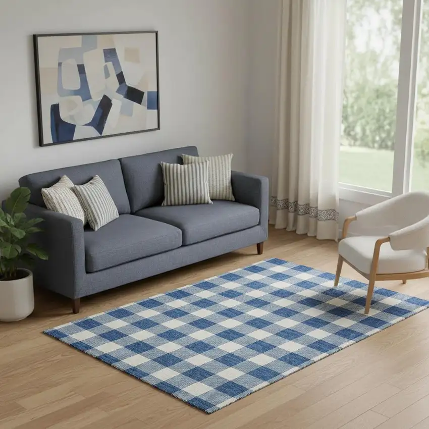 Navy Blue And Ivory Plaid Washable Area Rug With UV Protection Photo 1