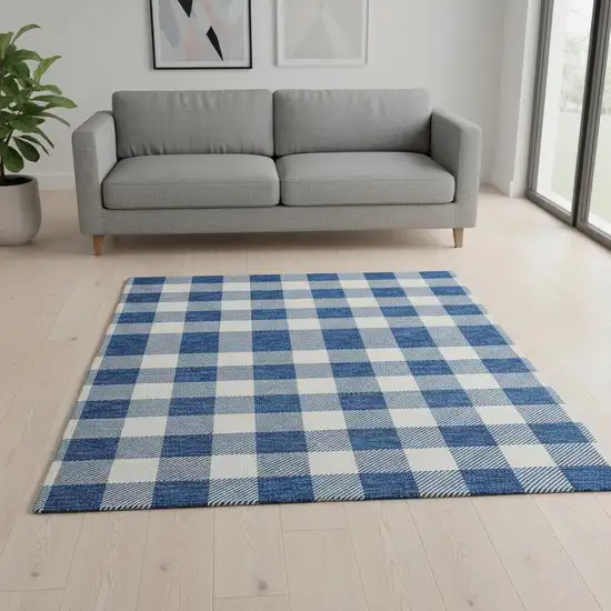 Navy Blue And Ivory Plaid Washable Area Rug With UV Protection Photo 2