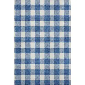 Photo of Navy Blue And Ivory Plaid Washable Area Rug With UV Protection