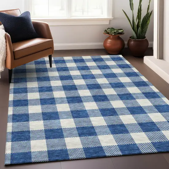 Navy Blue And Ivory Plaid Washable Area Rug With UV Protection Photo 4