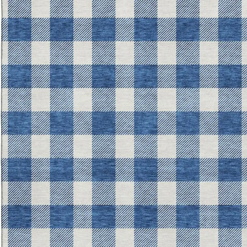 Navy Blue And Ivory Plaid Washable Area Rug With UV Protection Photo 3