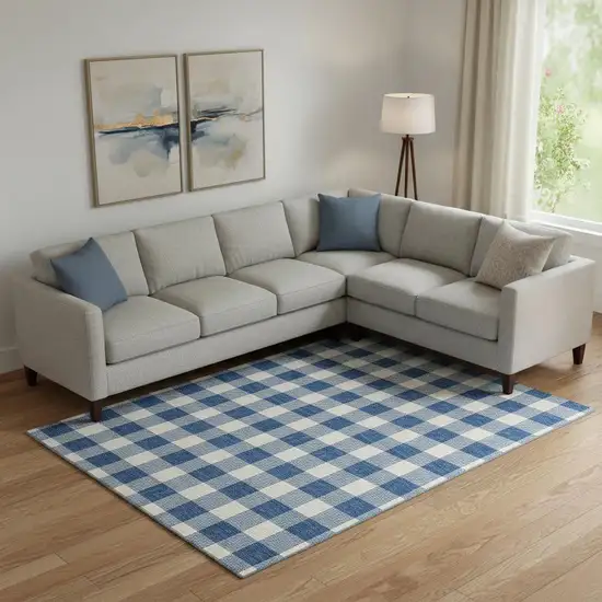 Navy Blue And Ivory Plaid Washable Area Rug With UV Protection Photo 1