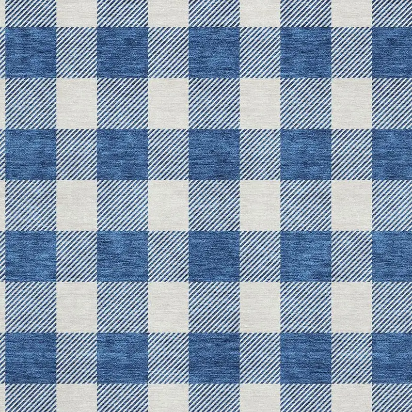 Navy Blue And Ivory Plaid Washable Area Rug With UV Protection Photo 2