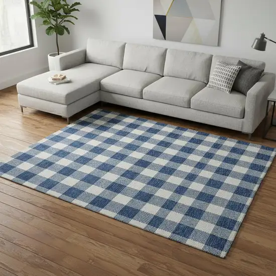 Navy Blue And Ivory Plaid Washable Area Rug With UV Protection Photo 2