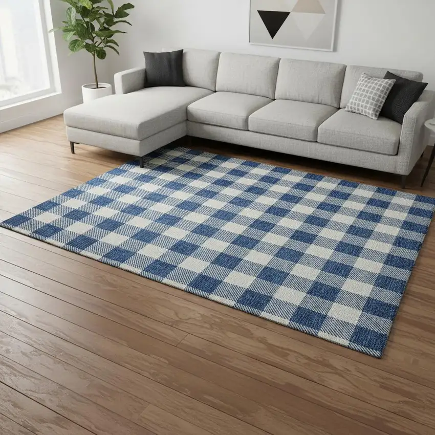 Navy Blue And Ivory Plaid Washable Area Rug With UV Protection Photo 2