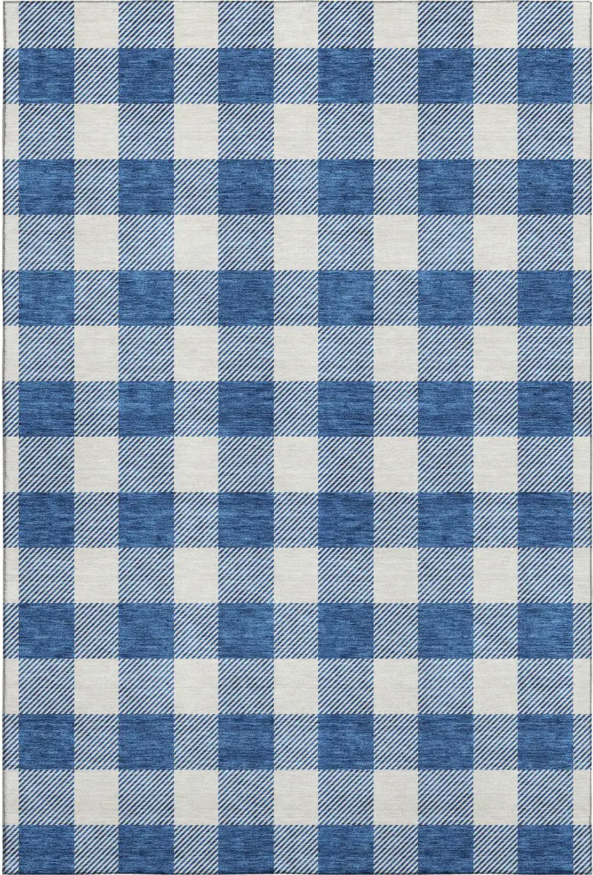 Navy Blue And Ivory Plaid Washable Area Rug With UV Protection Photo 1
