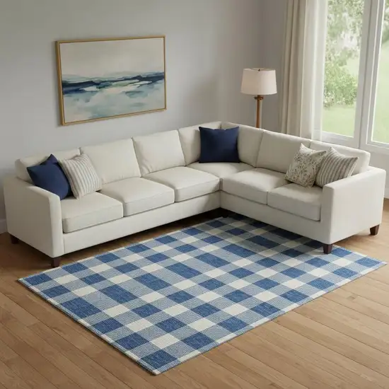 Navy Blue And Ivory Plaid Washable Area Rug With UV Protection Photo 1