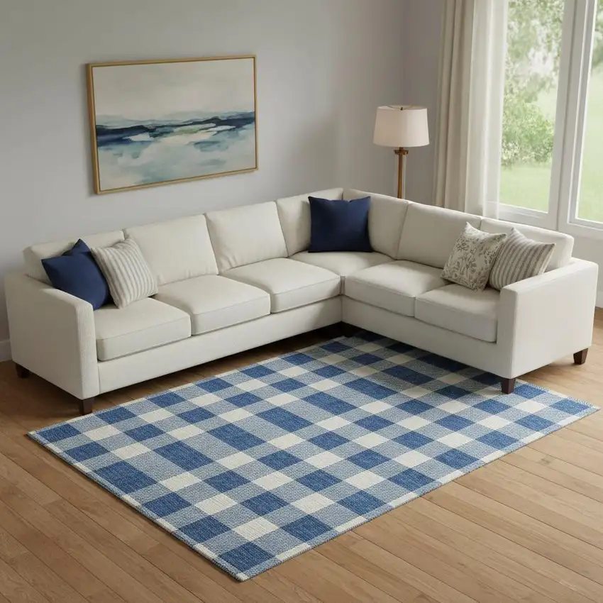Navy Blue And Ivory Plaid Washable Area Rug With UV Protection Photo 1