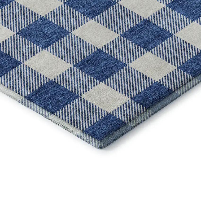 Navy Blue And Ivory Plaid Washable Area Rug With UV Protection Photo 7