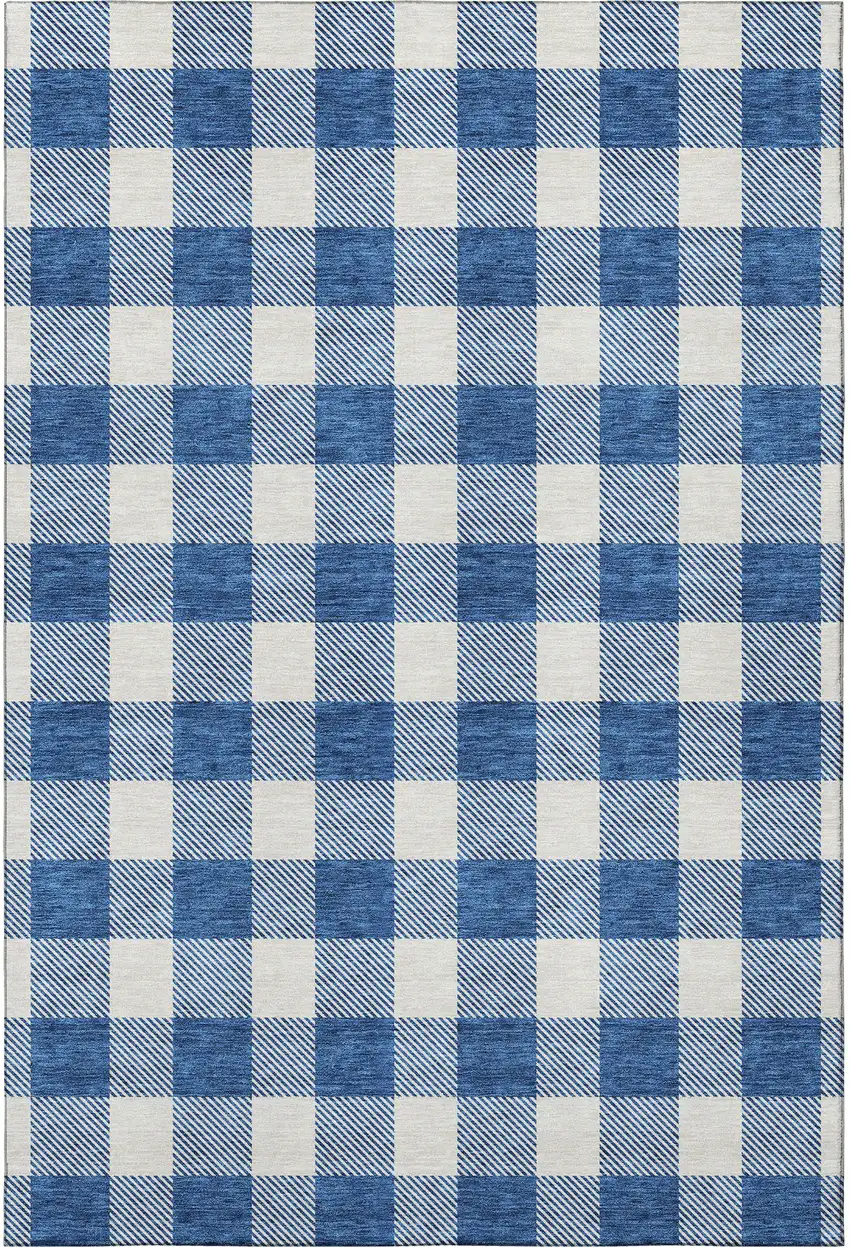 Navy Blue And Ivory Plaid Washable Area Rug With UV Protection Photo 3