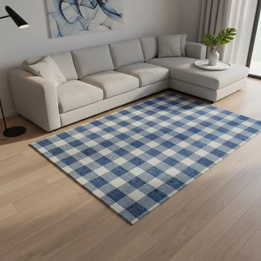Navy Blue And Ivory Plaid Washable Area Rug With UV Protection Photo 2