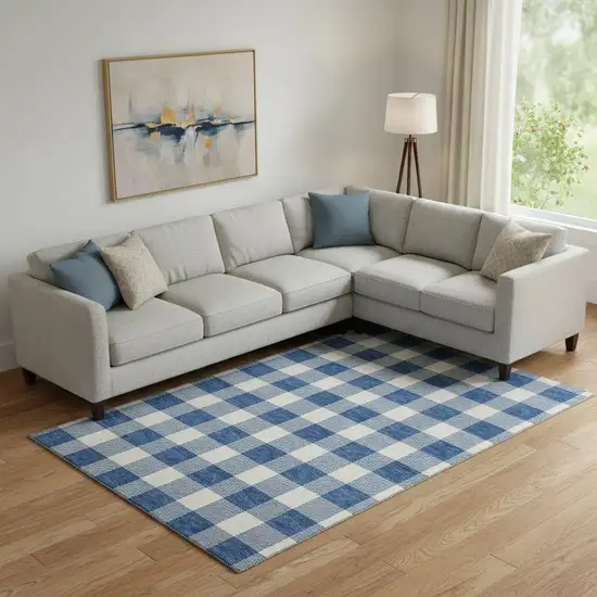Navy Blue And Ivory Plaid Washable Area Rug With UV Protection Photo 1