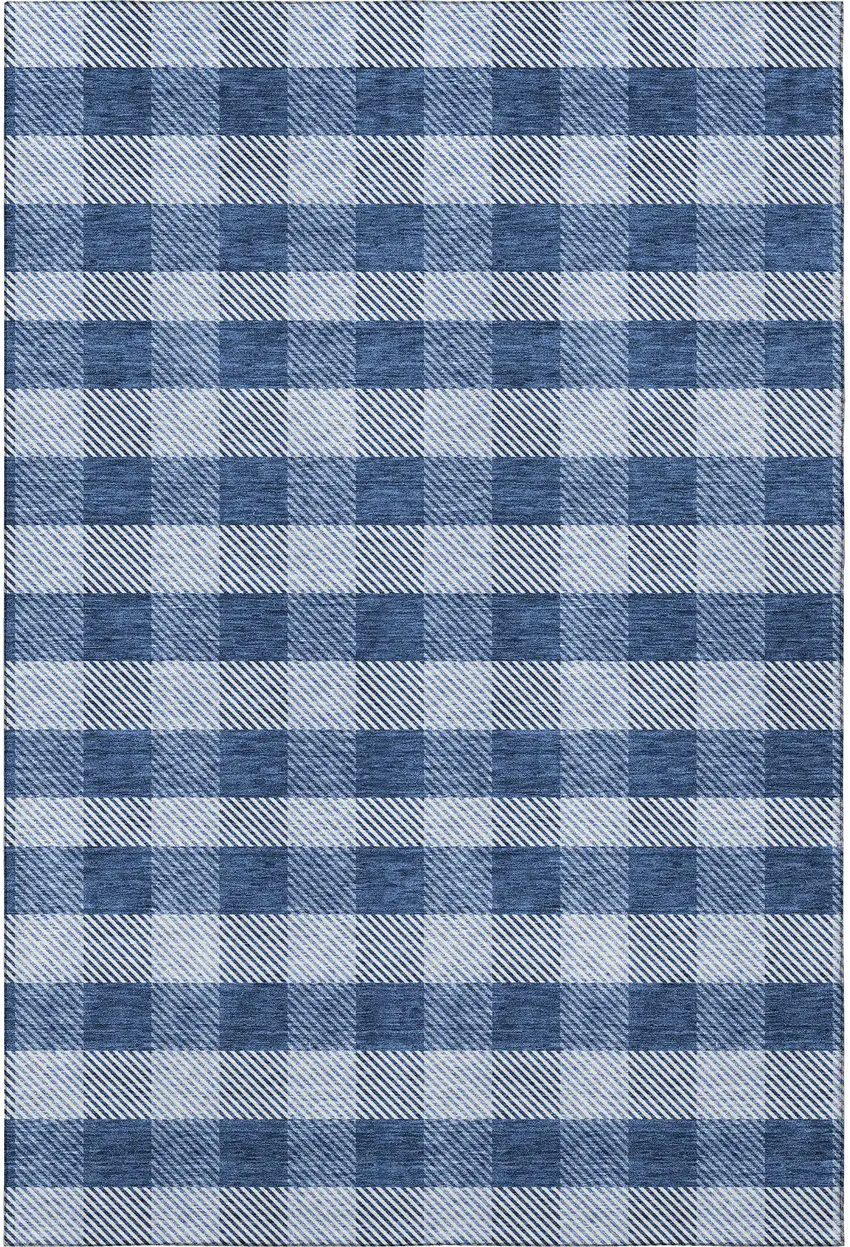 Navy Blue And Ivory Plaid Washable Area Rug With UV Protection Photo 3