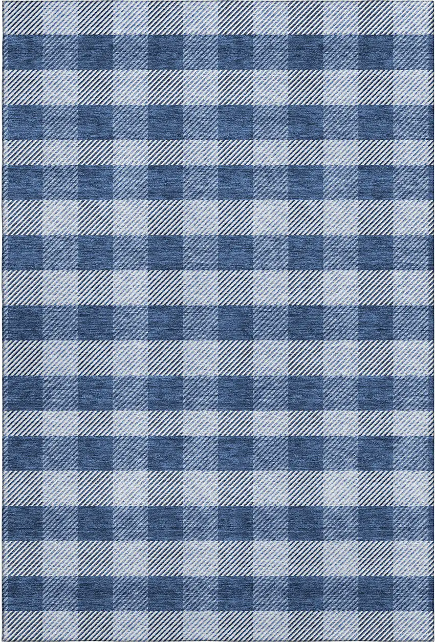 Navy Blue And Ivory Plaid Washable Area Rug With UV Protection Photo 1