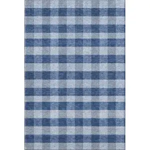 Photo of Navy Blue And Ivory Plaid Washable Area Rug With UV Protection