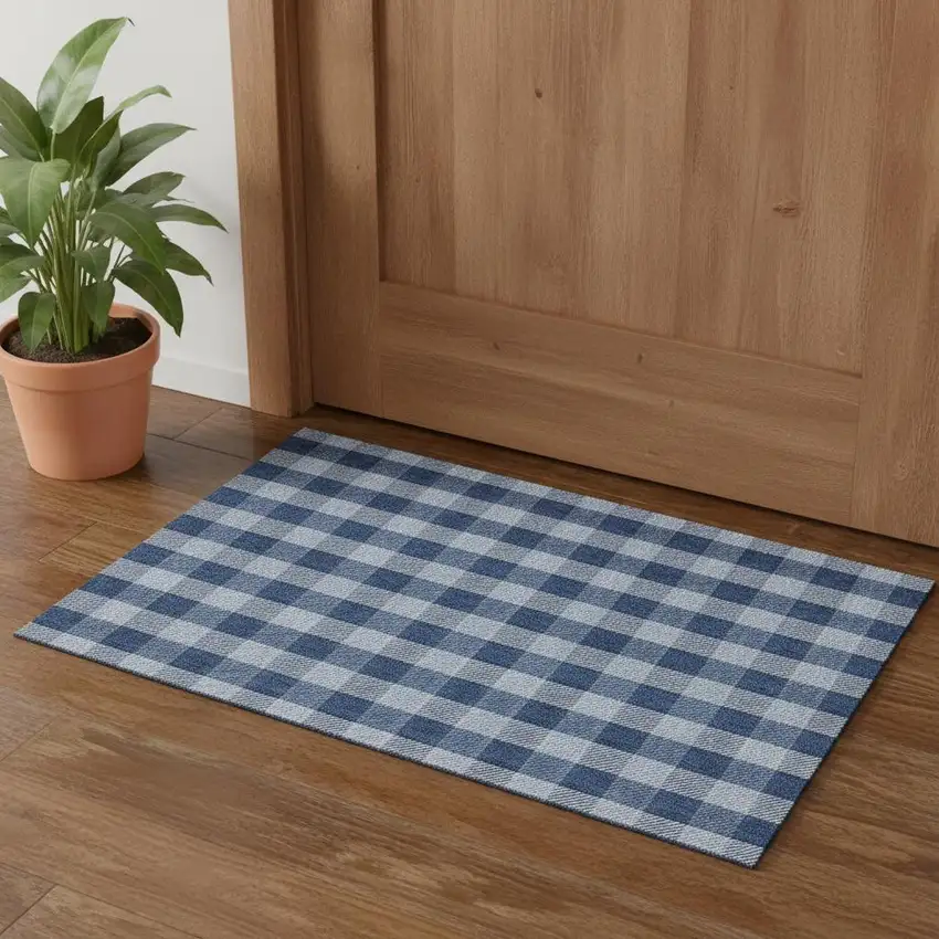 Navy Blue And Ivory Plaid Washable Area Rug With UV Protection Photo 1