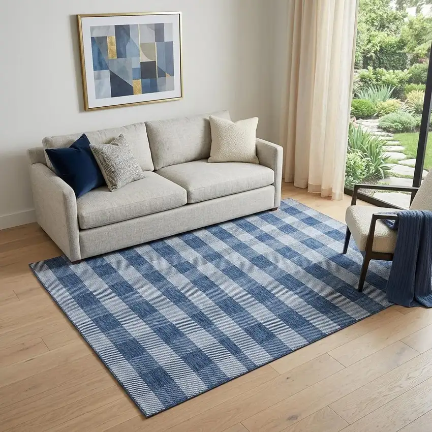 Navy Blue And Ivory Plaid Washable Area Rug With UV Protection Photo 1