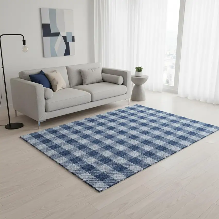 Navy Blue And Ivory Plaid Washable Area Rug With UV Protection Photo 2
