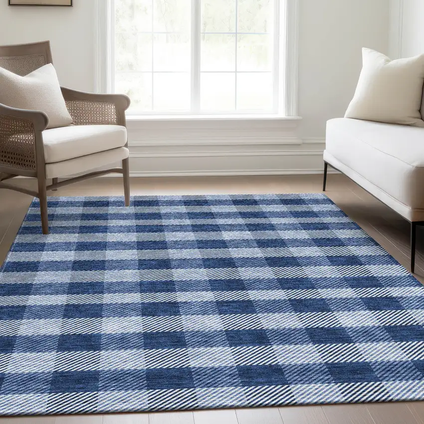 Navy Blue And Ivory Plaid Washable Area Rug With UV Protection Photo 5