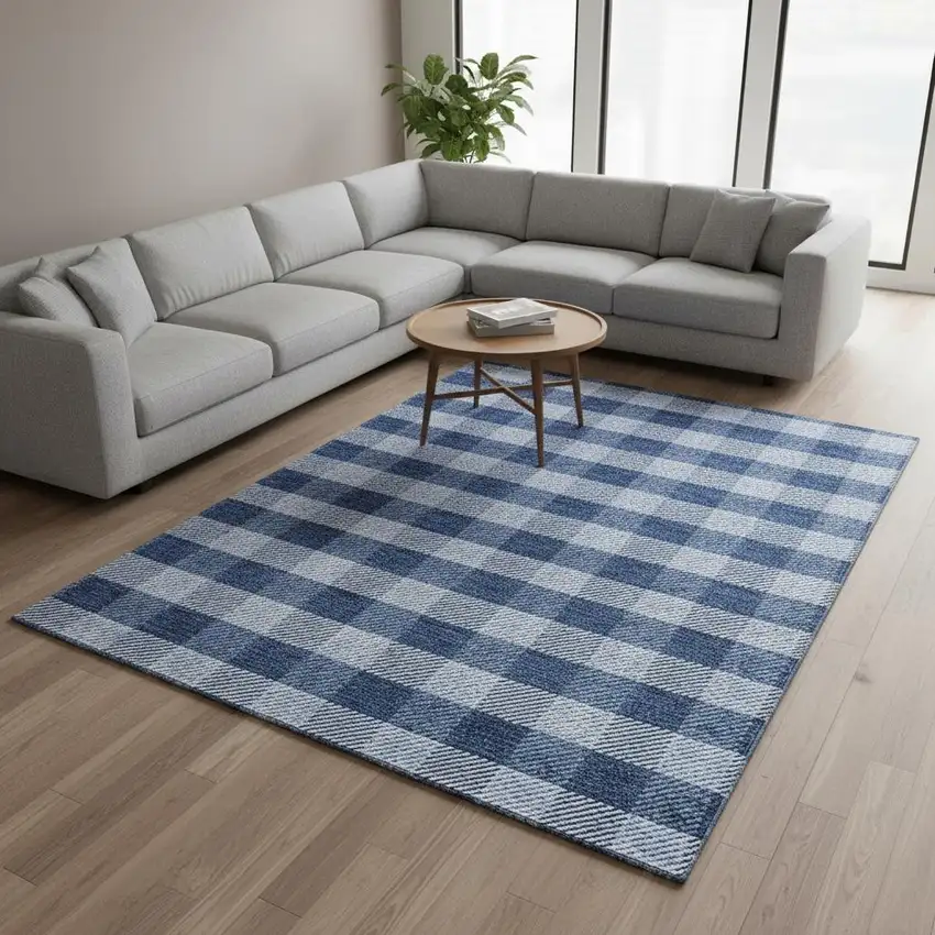 Navy Blue And Ivory Plaid Washable Area Rug With UV Protection Photo 2