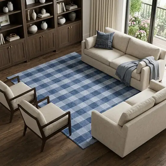 Navy Blue And Ivory Plaid Washable Area Rug With UV Protection Photo 1