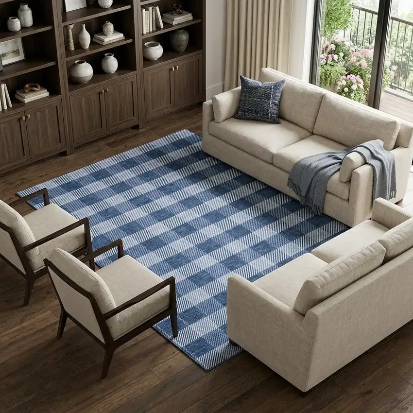 Navy Blue And Ivory Plaid Washable Area Rug With UV Protection Photo 1