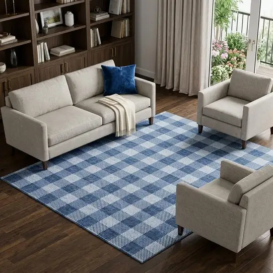 Navy Blue And Ivory Plaid Washable Area Rug With UV Protection Photo 1