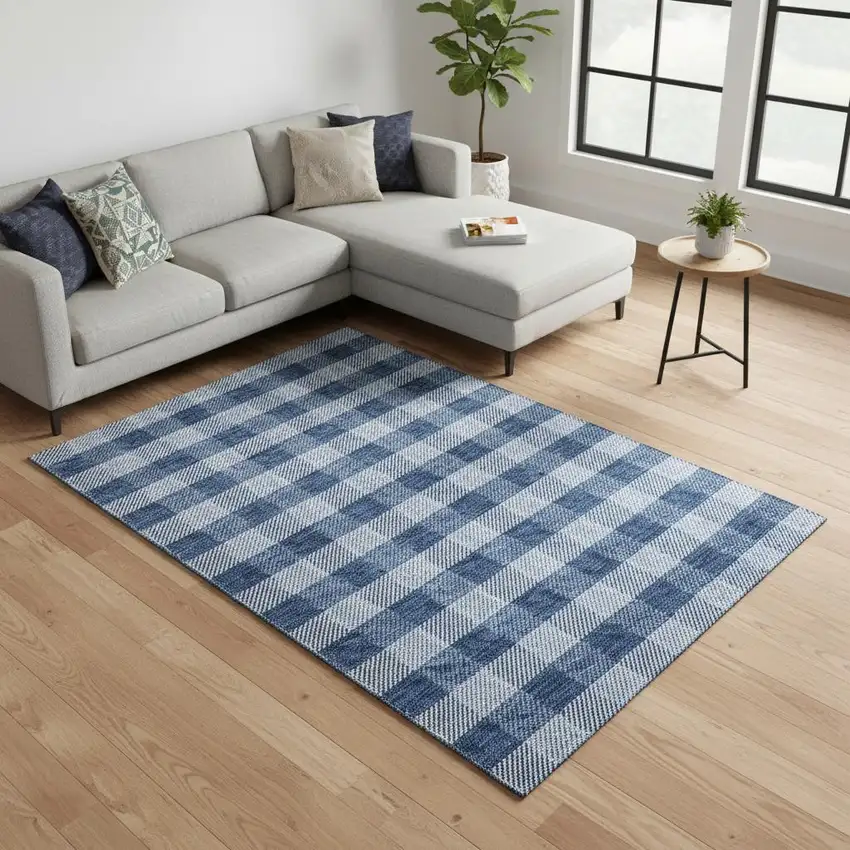 Navy Blue And Ivory Plaid Washable Area Rug With UV Protection Photo 2