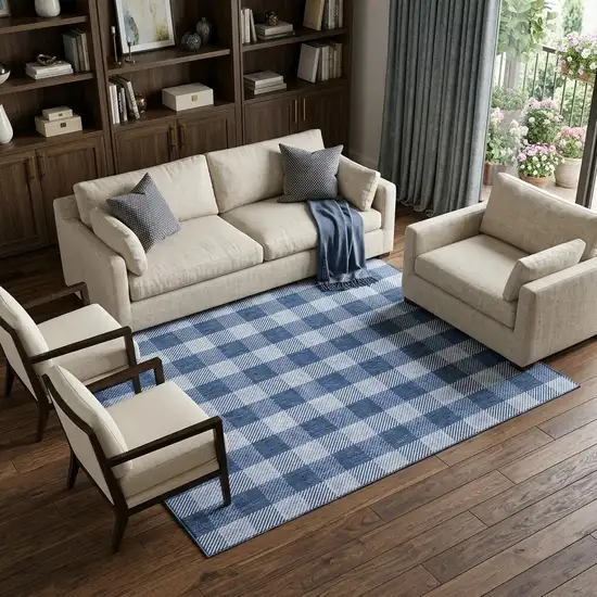 Navy Blue And Ivory Plaid Washable Area Rug With UV Protection Photo 1