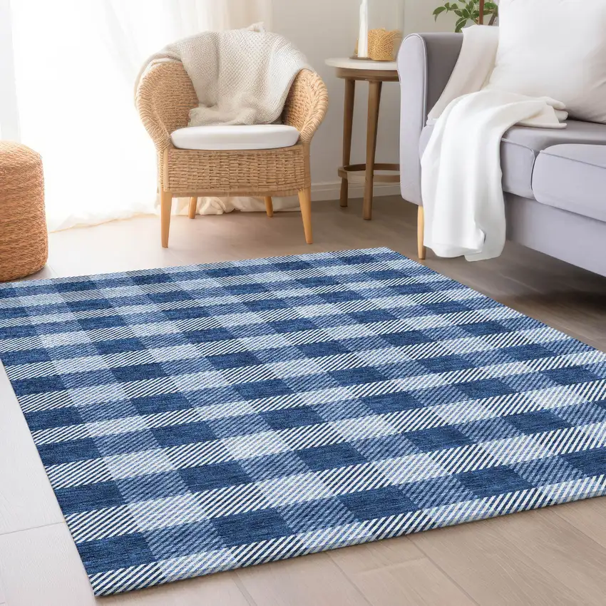 Navy Blue And Ivory Plaid Washable Area Rug With UV Protection Photo 4