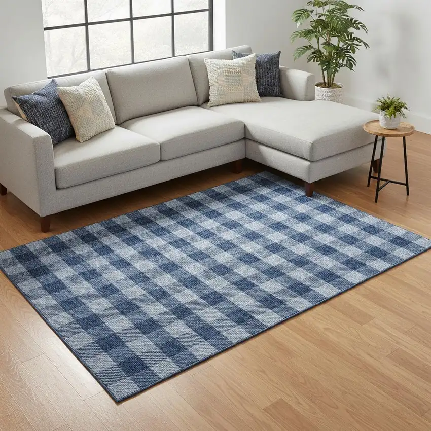 Navy Blue And Ivory Plaid Washable Area Rug With UV Protection Photo 2