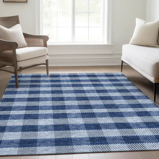 Navy Blue And Ivory Plaid Washable Area Rug With UV Protection Photo 5
