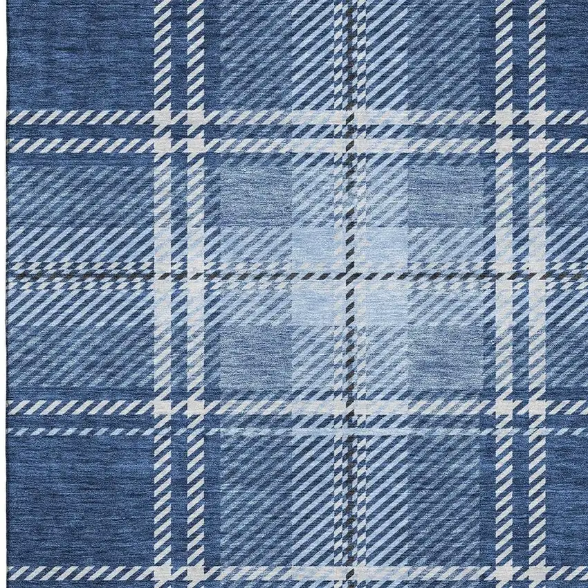 Navy Blue And Ivory Plaid Washable Area Rug With UV Protection Photo 5