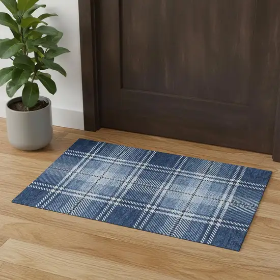 Navy Blue And Ivory Plaid Washable Area Rug With UV Protection Photo 1