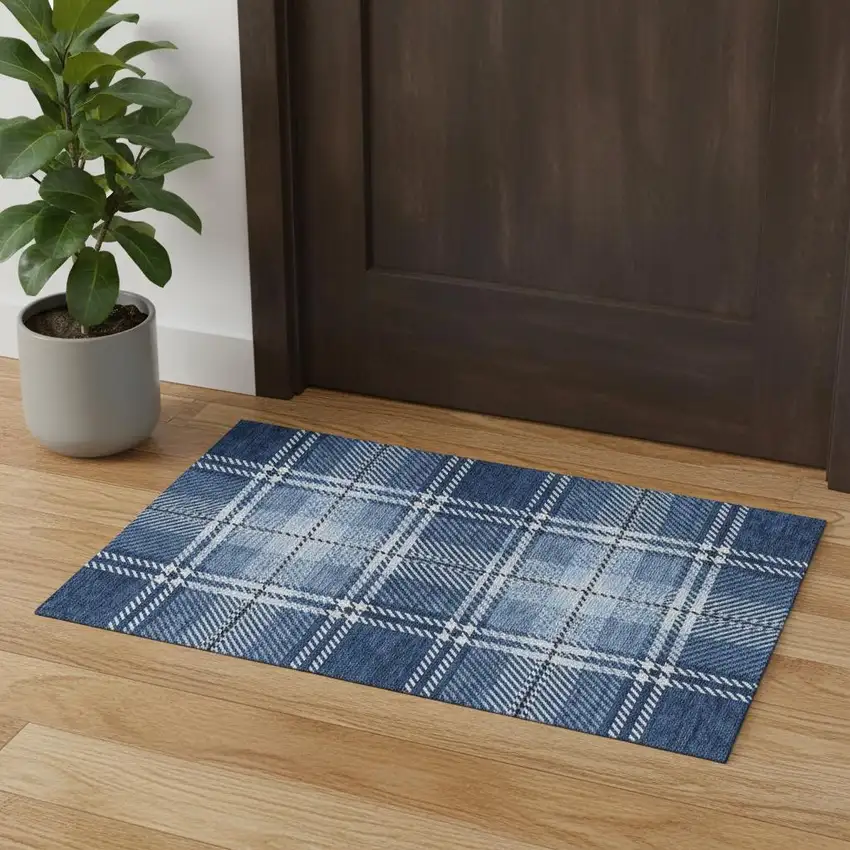 Navy Blue And Ivory Plaid Washable Area Rug With UV Protection Photo 1