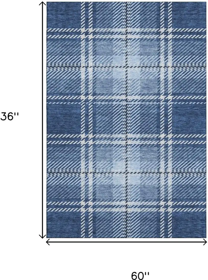 Navy Blue And Ivory Plaid Washable Area Rug With UV Protection Photo 3