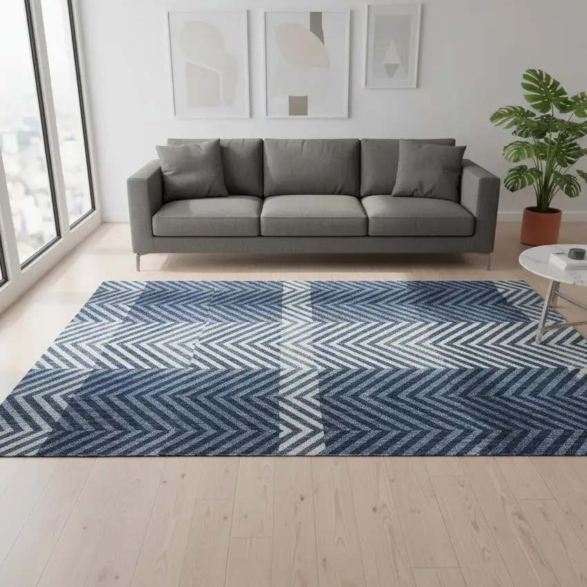 Navy Blue And Ivory Plaid Washable Area Rug With UV Protection Photo 2