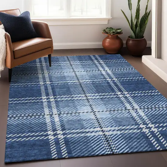 Navy Blue And Ivory Plaid Washable Area Rug With UV Protection Photo 3