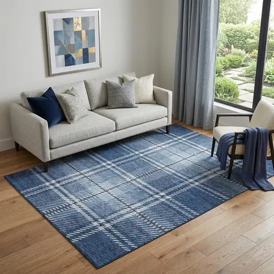 Navy Blue And Ivory Plaid Washable Area Rug With UV Protection Photo 1