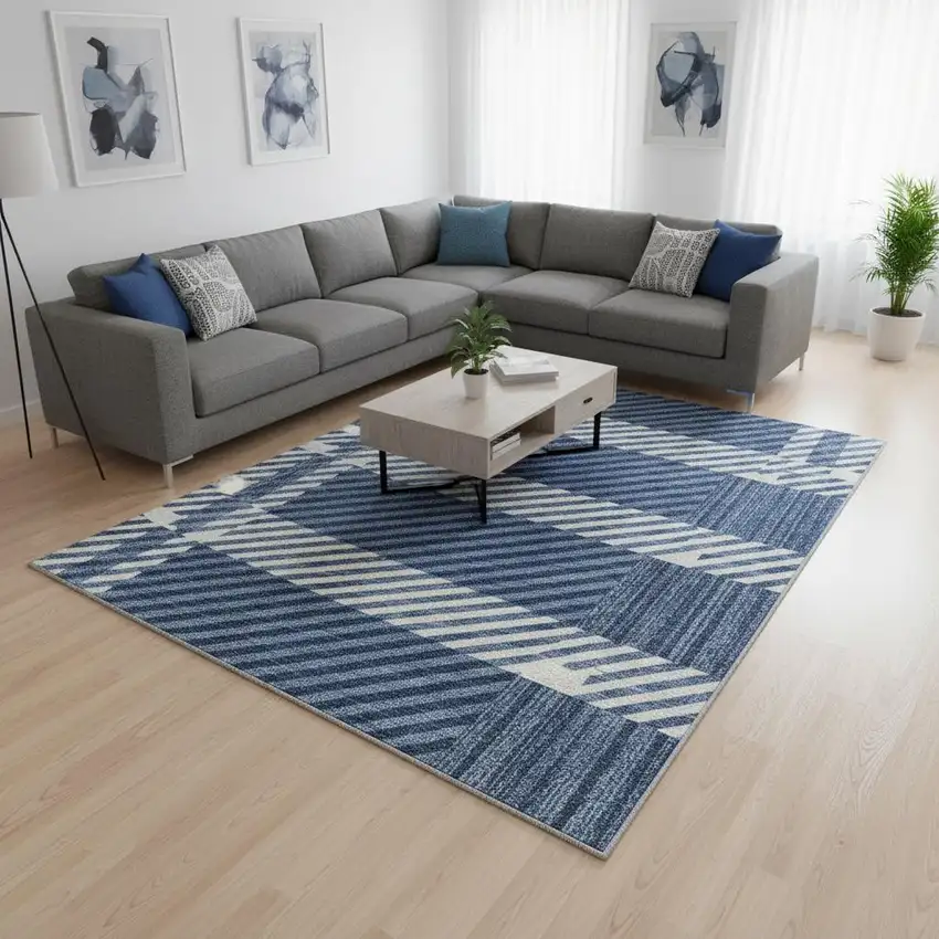 Navy Blue And Ivory Plaid Washable Area Rug With UV Protection Photo 2