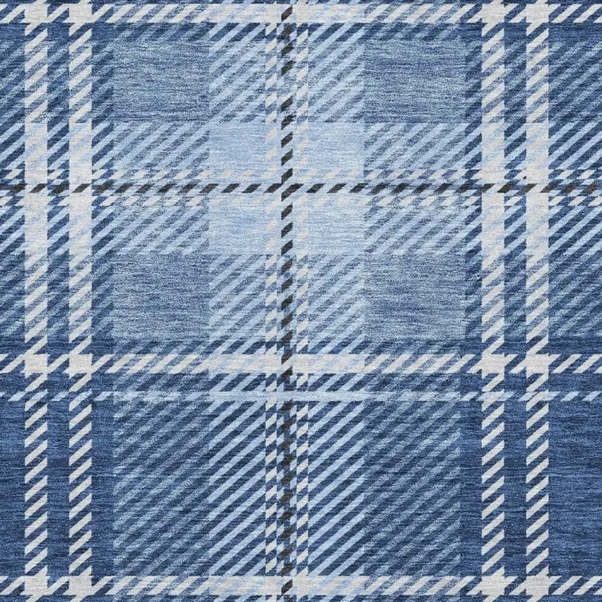 Navy Blue And Ivory Plaid Washable Area Rug With UV Protection Photo 3