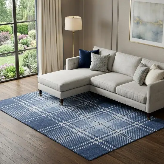 Navy Blue And Ivory Plaid Washable Area Rug With UV Protection Photo 1