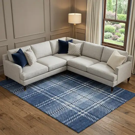 Navy Blue And Ivory Plaid Washable Area Rug With UV Protection Photo 1